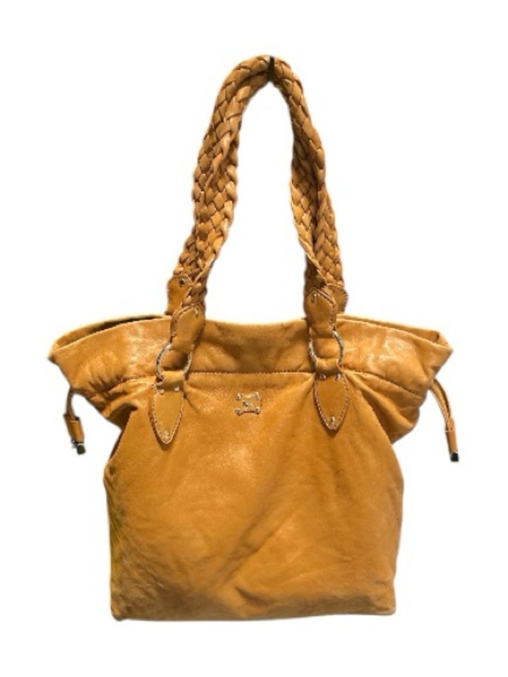 Braided Handle Mustard Leather Tote Bag